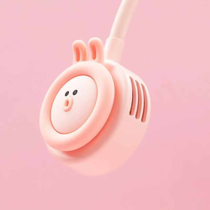 Foldable leafless hanging neck personal fan in pink on a white background