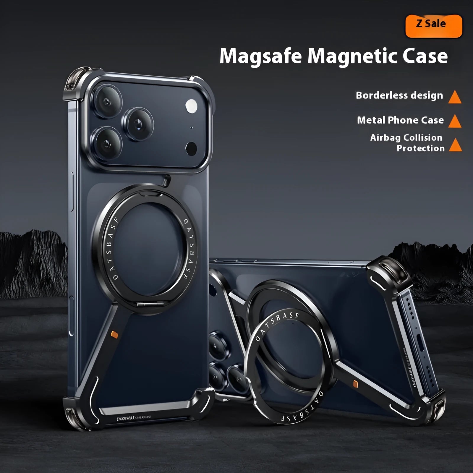 Black metal frame phone case with magnetic bracket for Apple iPhone 17 Pro Max, electroplated finish