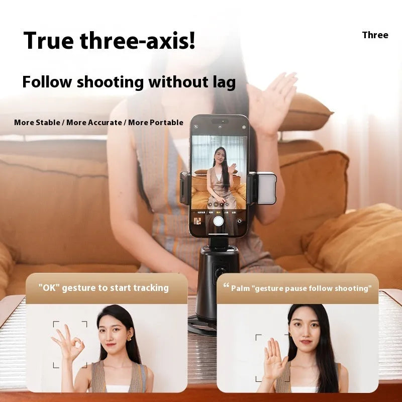 Black intelligent face tracking desktop camera bracket with rotating head and remote-controlled ribbon lights
