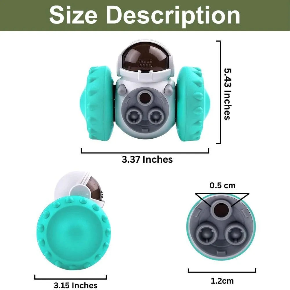 Self-balancing roller dog treat puzzle toy for small dogs and cats in assorted colours.