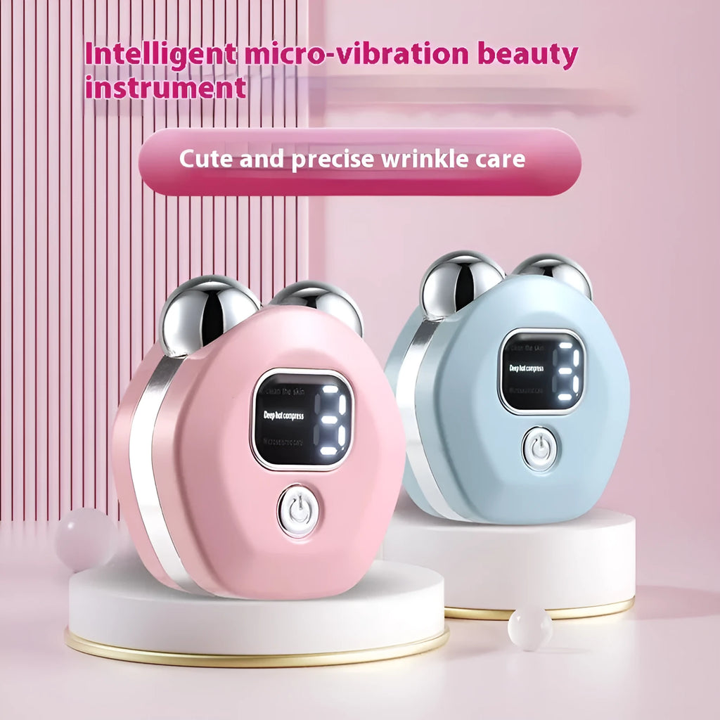 Portable white hot compress microcurrent facial massage instrument with two silver roller heads.
