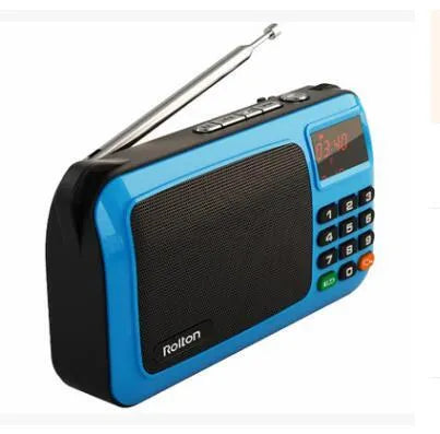 Rolton W405 portable FM radio and MP3 speaker in blue, showing LED screen and compact size