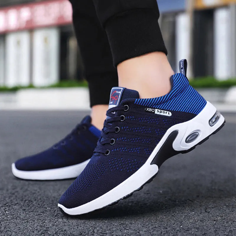 Men's breathable mesh lace-up running sneakers with striped design in black blue colour option