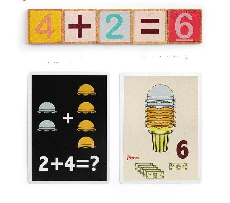 Ice cream math kitchen toy set with colourful wooden sign and plastic machine for children role play