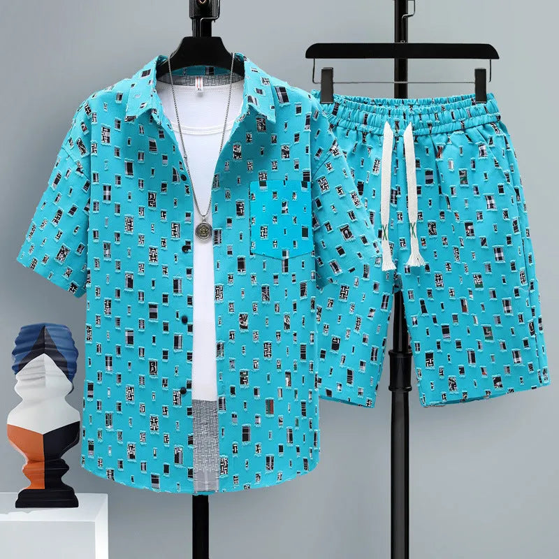 Men's casual sports shorts two-piece set with short sleeve top and matching polyester shorts