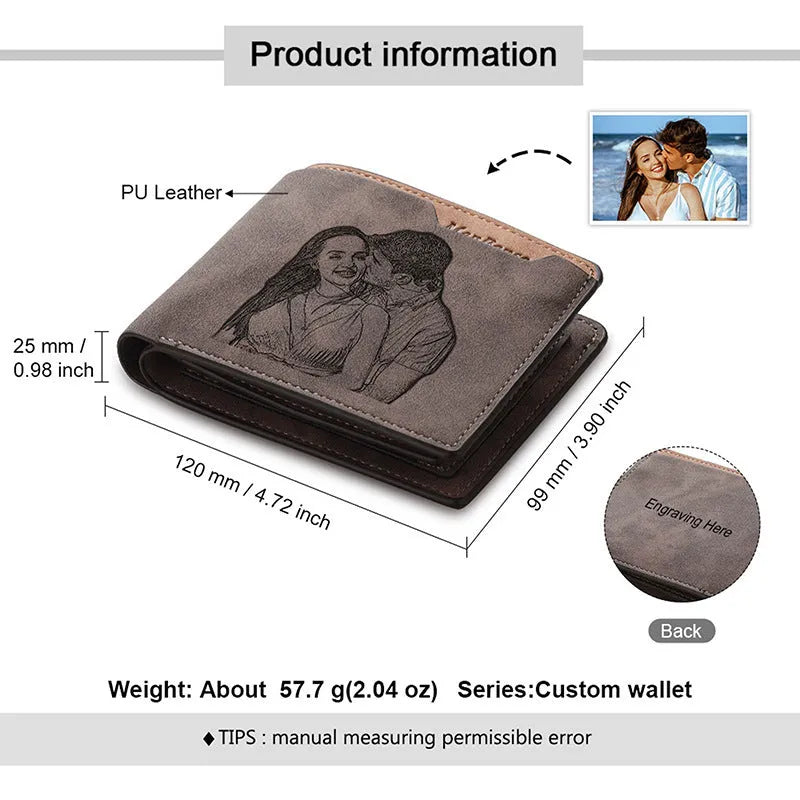 Coffee coloured engraved horizontal short wallet made from PU leather, showing personalised text or photo customisation.