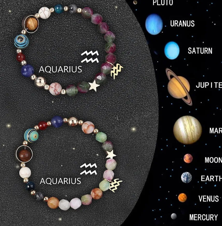 Natural stone beaded bracelets showing zodiac sign designs for complete astrological collection