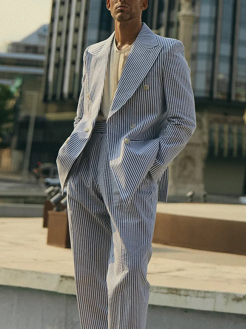 Blue and white striped polyester suit set with blazer and trousers for daily wear