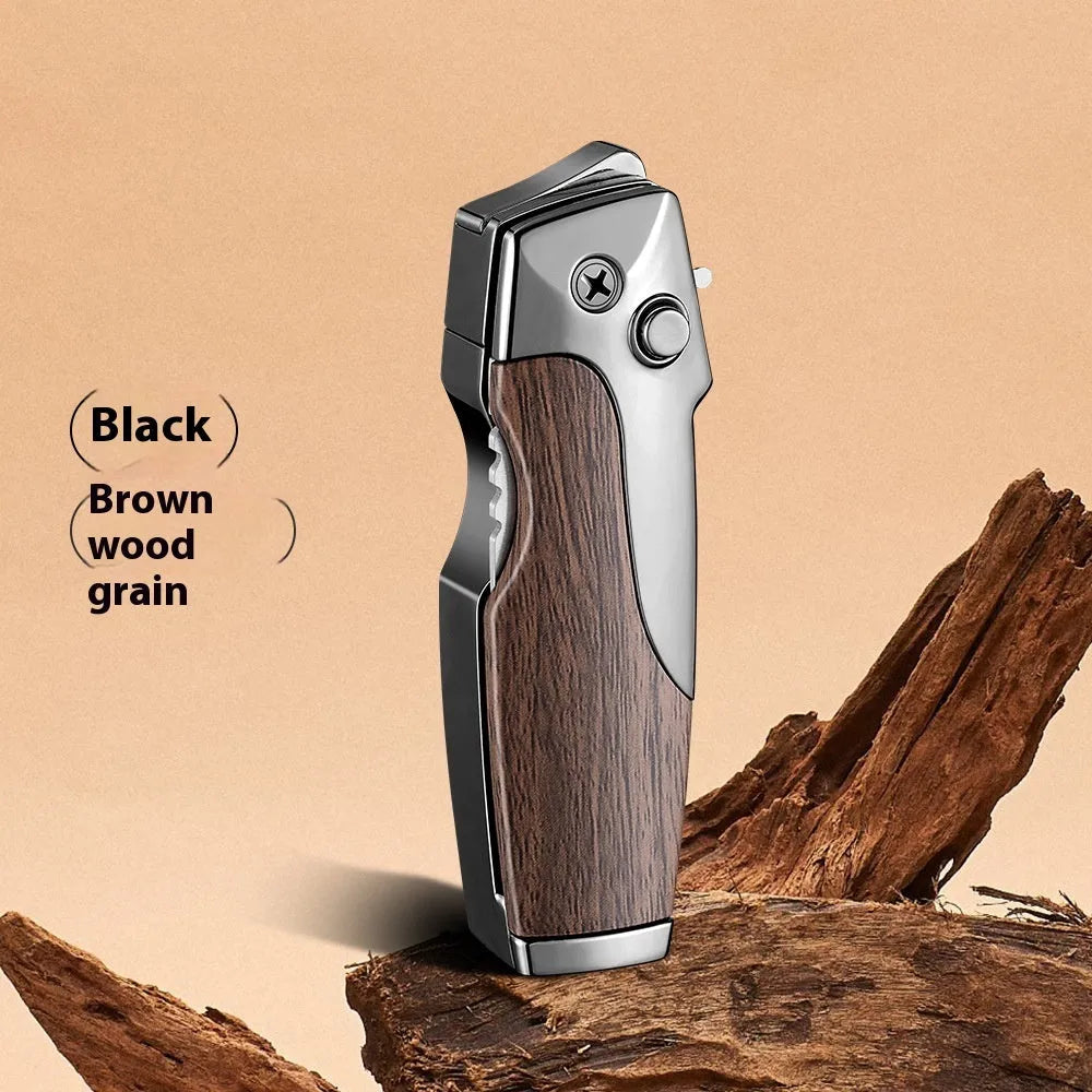Metal folding lighter with integrated pocket knife tool in a wood grain finish.