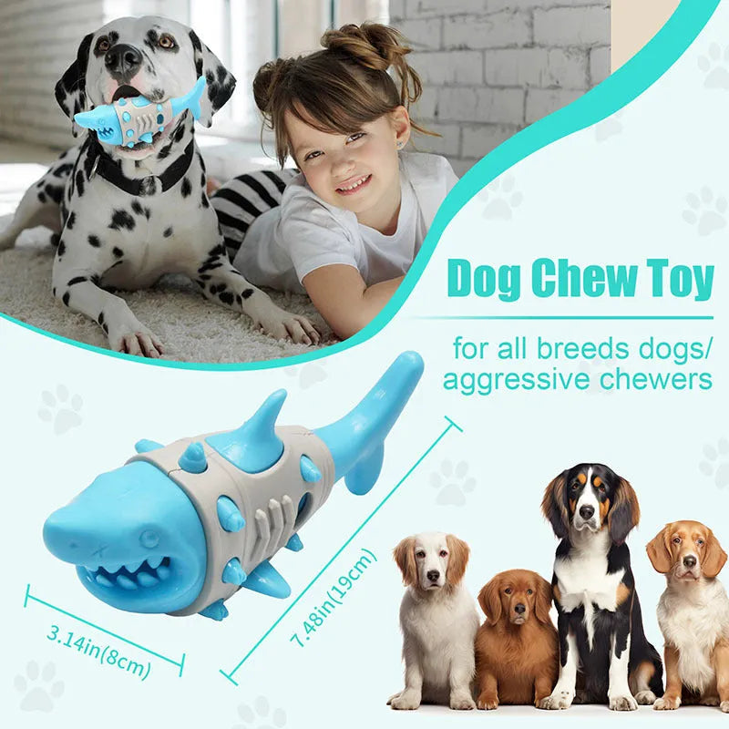 Blue grey and yellow shark tooth textured dog chew toy with visible air vents.