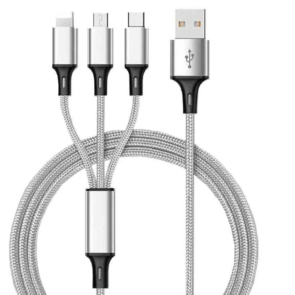 3-in-1 braided charging cable with Lightning, Micro-USB and Type-C connectors in nylon braiding