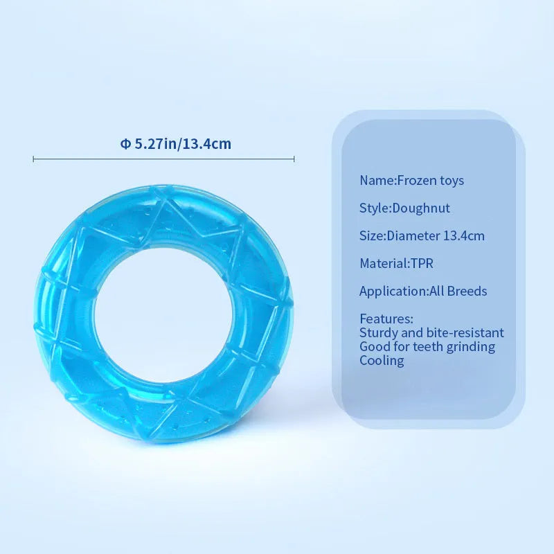 Assorted dog cooling toys including water-filled popsicles, silicone pacifier chews, and rope-attached ring in bright colours