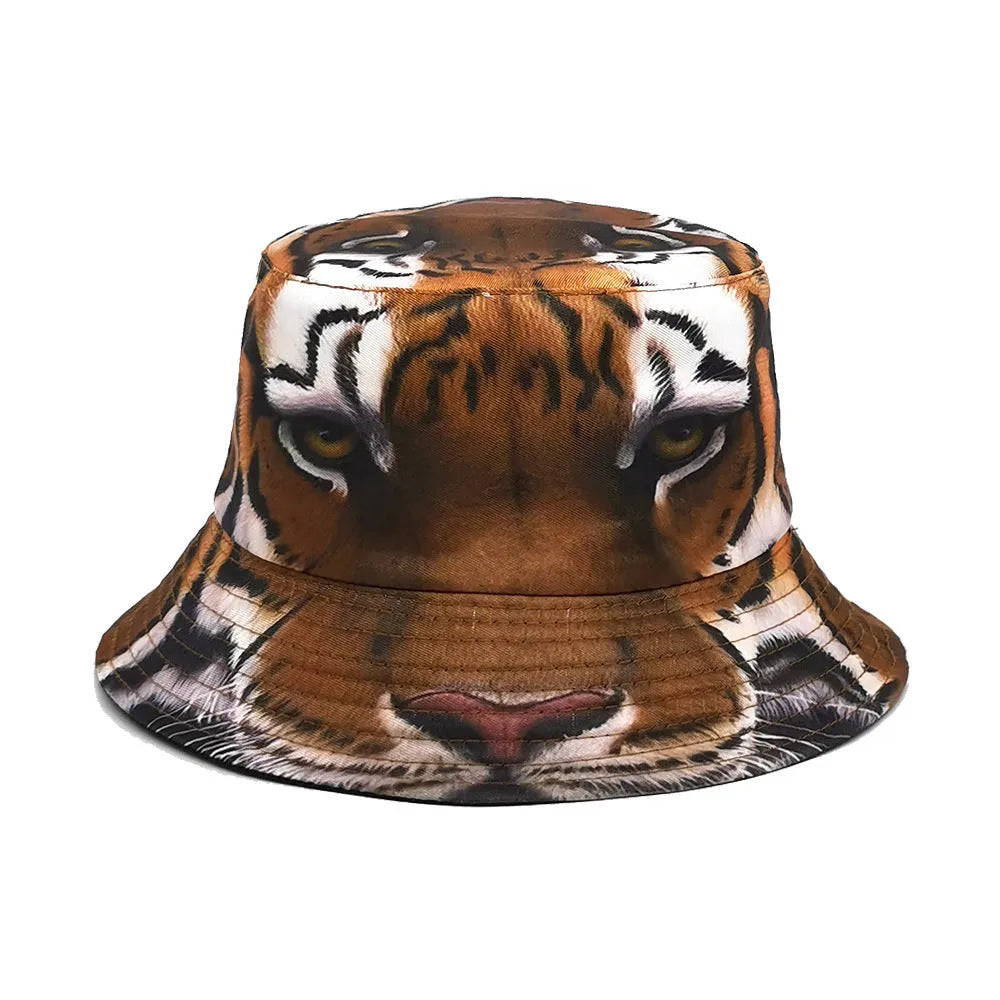 Khaki tiger pattern bucket hat with dome crown on a neutral background