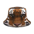 Khaki tiger pattern bucket hat with dome crown on a neutral background