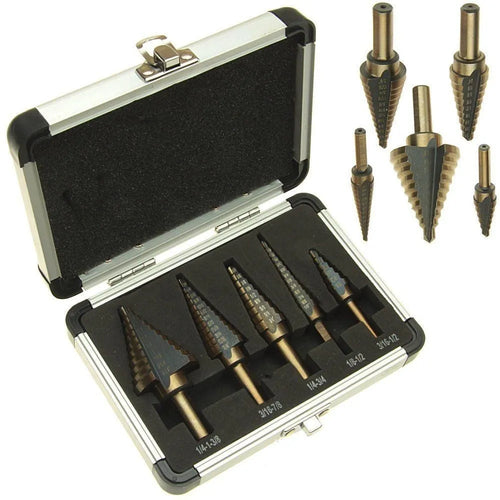 5-piece high speed steel ladder drill set in aluminium box with step bits from 3/16 to 1/2 inch