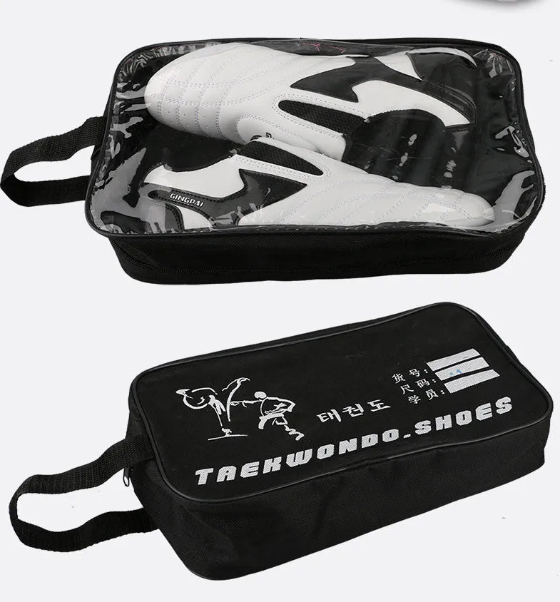 Black and white PU Taekwondo martial arts training shoes with a soft sole.