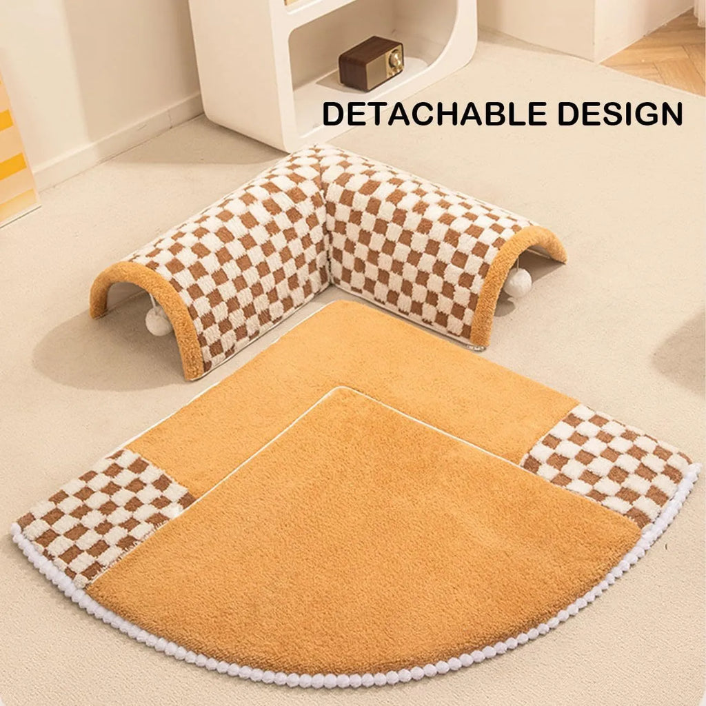 XL fan-shaped plush pet bed tunnel for dogs and cats in yellow plaid colour with anti-slip bottom.