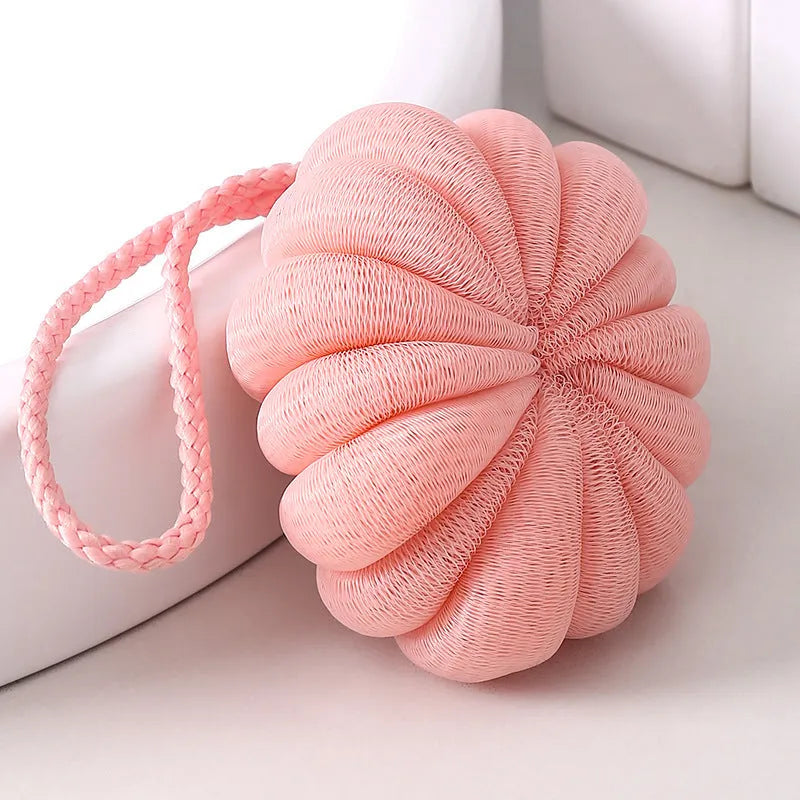 Japanese style 50g bath flower ball in beige with fine mesh and flexible foam, 10cm pumpkin shape