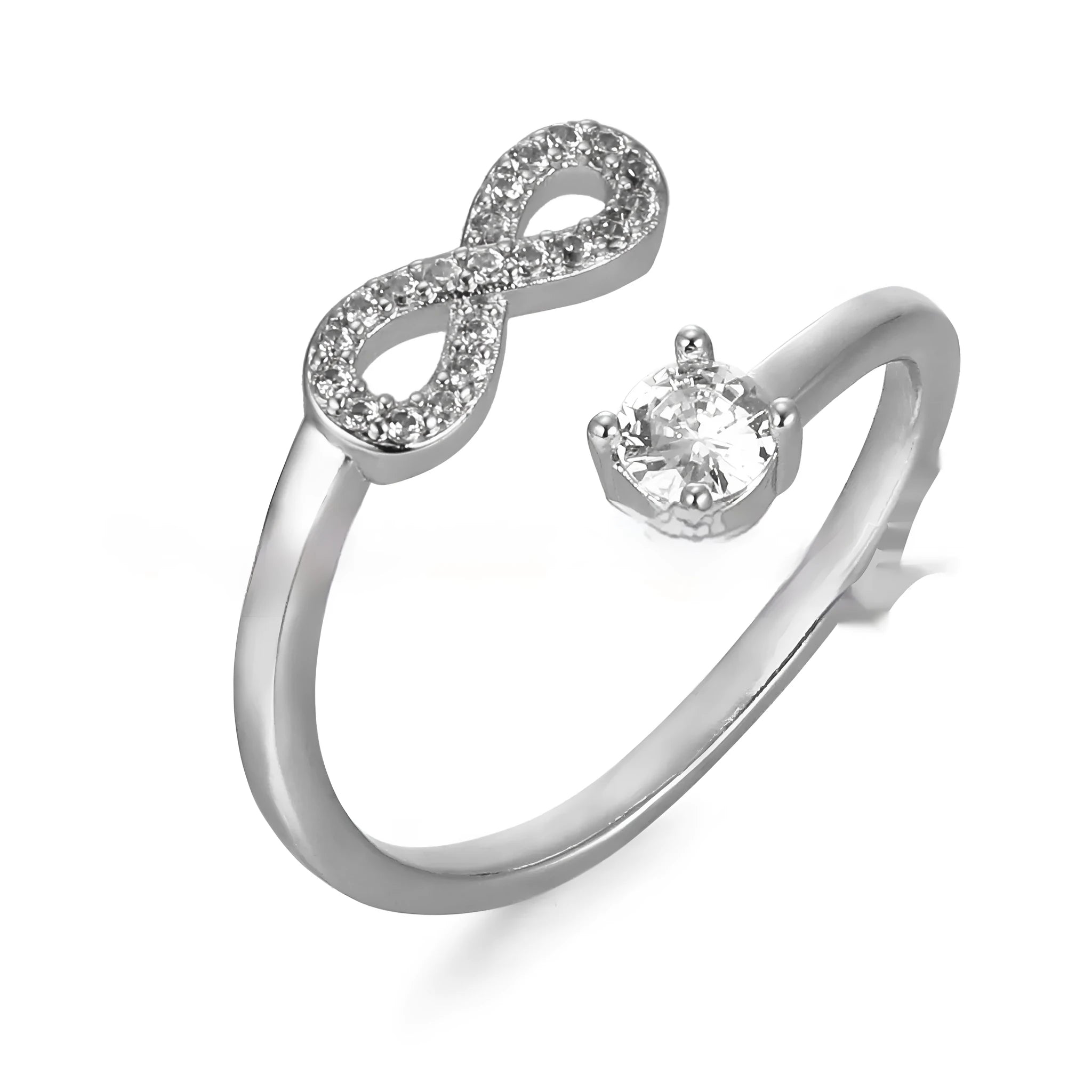 Open geometric ring with zircon stones featuring an English letter, available in gold, rose gold, and silver finishes.