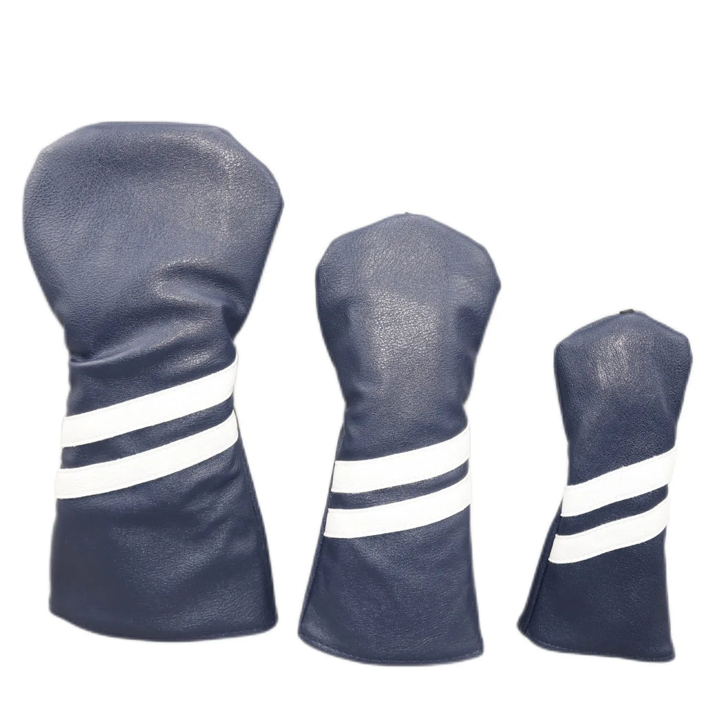 Golf wood club head cover with two oblique stripes, shown in blue, with size options large, medium, and small.