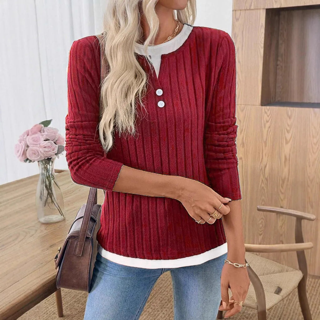 Women's fake two-piece pullover sweater with round neck and button detail in concave stripe polyester