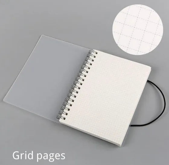 Plastic cover spiral coil notebook with transparent PVC cover, elastic rope closure, and cream paper pages