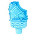 Assorted dog cooling toys including water-filled popsicles, silicone pacifier chews, and rope-attached ring in bright colours