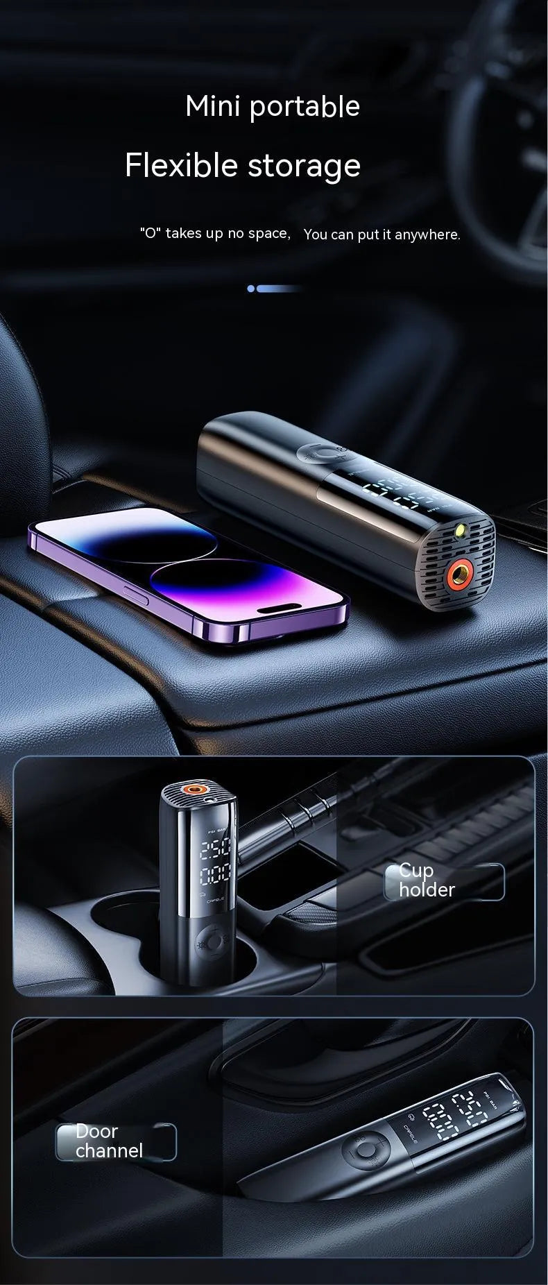 Black portable electric vehicle air pump with dual voltage and built-in tyre pressure gauge