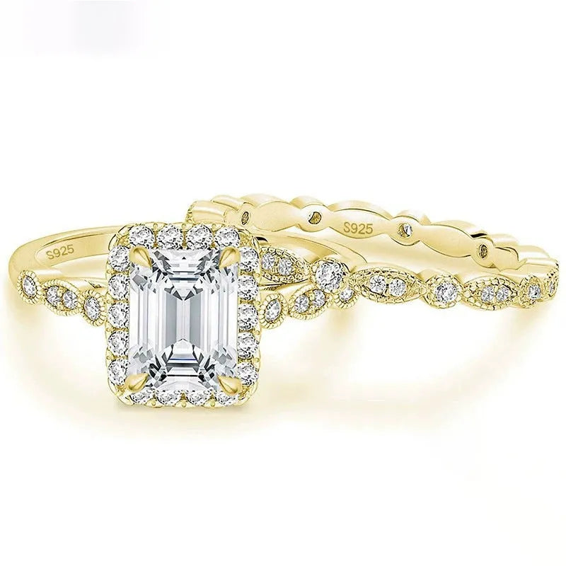925 sterling silver ring with rectangular zircon inlay in gold finish on white background