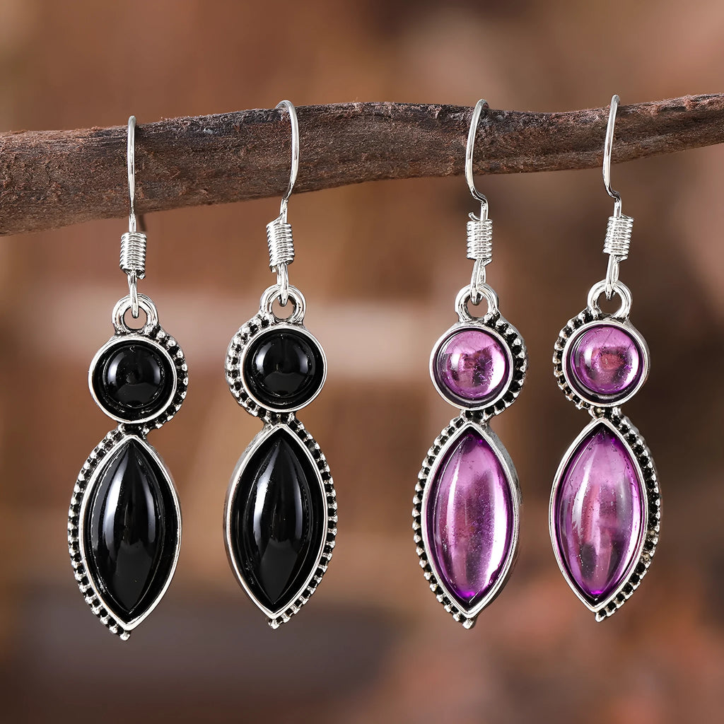 Vintage geometric earrings with black and purple electroplated finish, zinc alloy construction with retro bohemian styling
