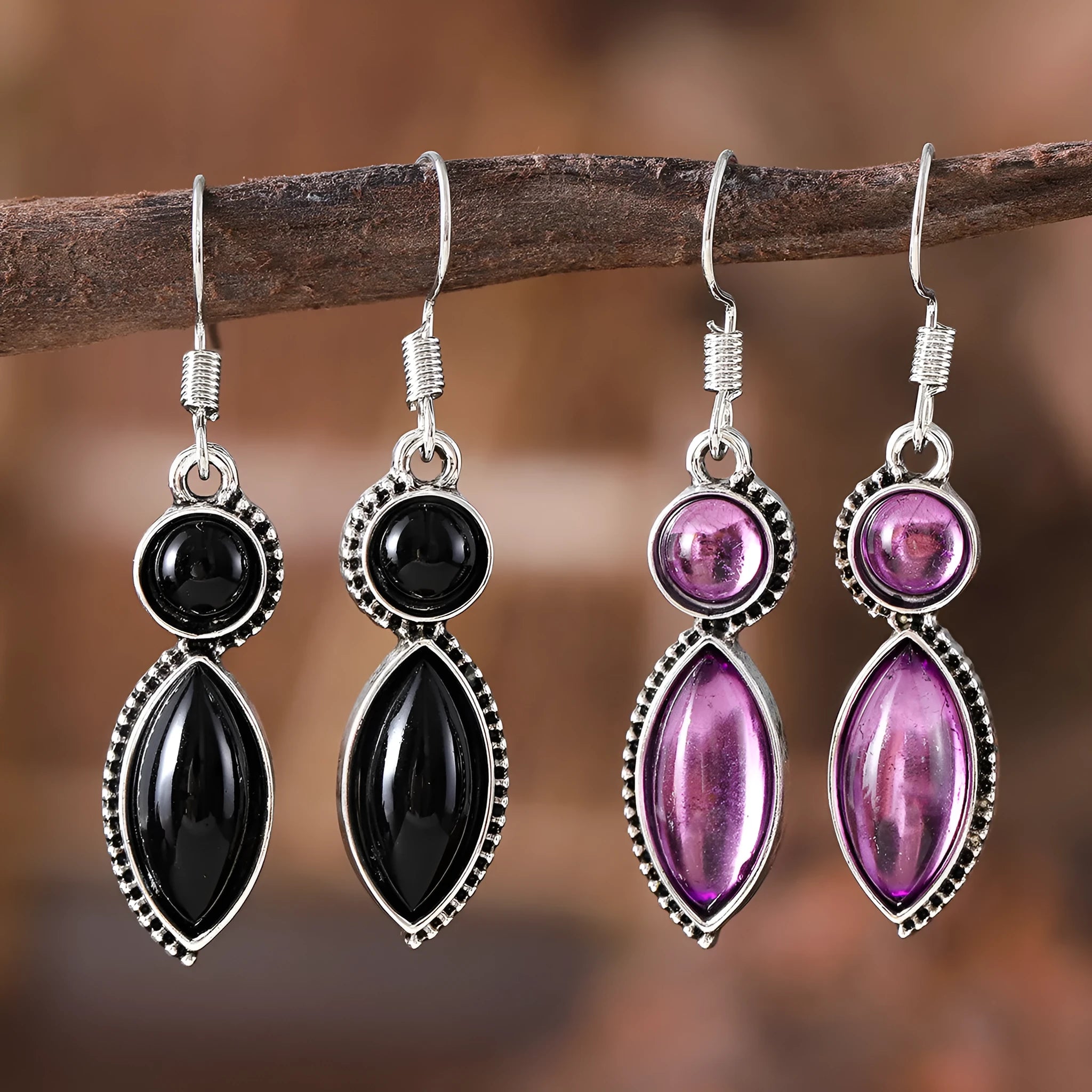 Vintage geometric earrings with black and purple electroplated finish, zinc alloy construction with retro bohemian styling