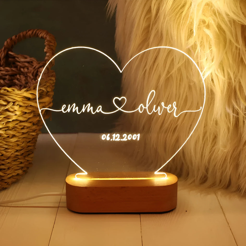 Custom LED night light with engraved names and date on transparent acrylic plate