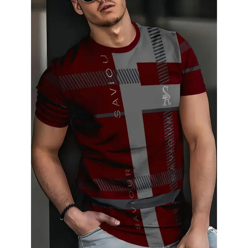 Men's loose fit short-sleeved T-shirt with digital 3D printed striped pattern