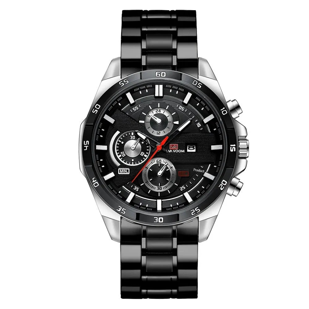 Men's waterproof quartz watch with calendar display and decorative metal casing