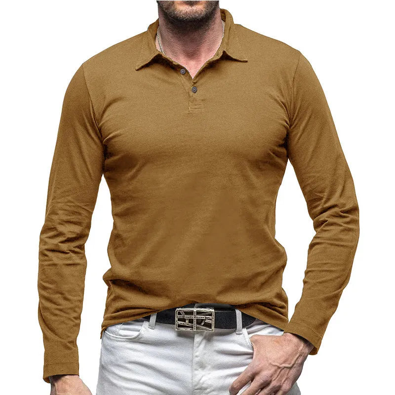 Men's long sleeve cotton t-shirt with a polo collar in an American retro style, shown in Dark Grey.