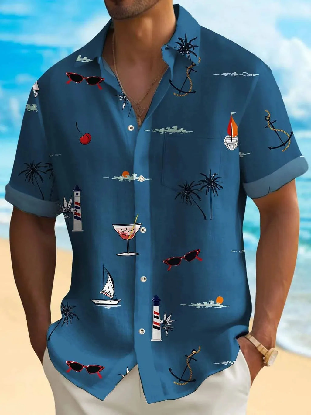 Man wearing a loose-fit digital print Hawaiian shirt in a vibrant colour.
