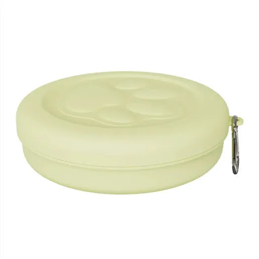 Portable dog bowl with removable lid in light pink and green colour options showing small and large size variants