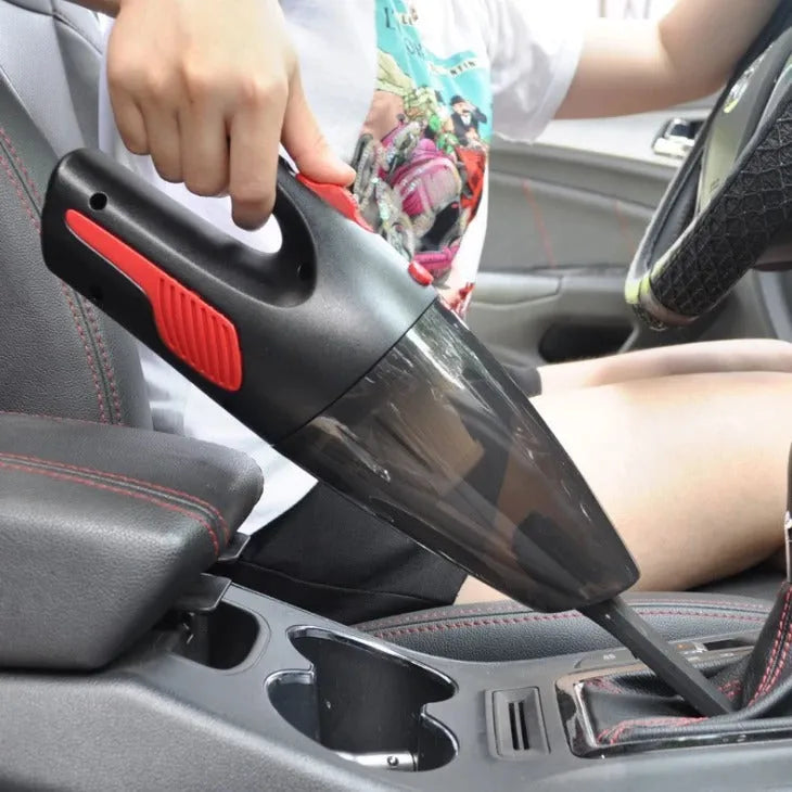Black handheld 120W wet dry car vacuum cleaner with long nozzle and brush on car seat