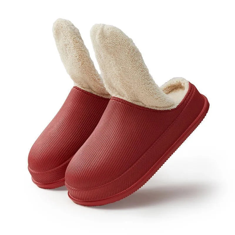 Warm cotton slippers with waterproof EVA sole in caramel colour, flat heel, available in large sizes for men and women