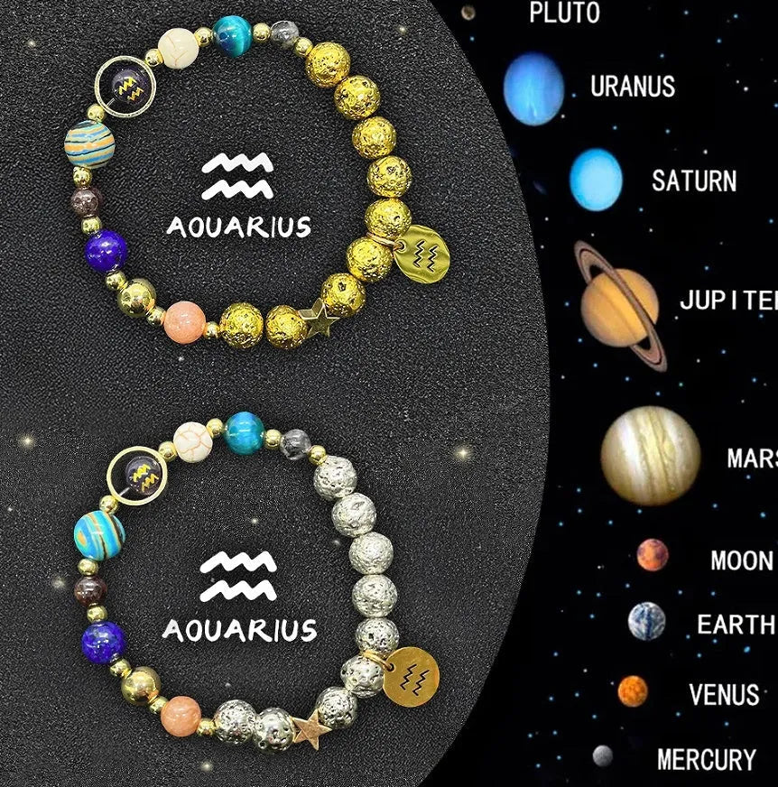 Set of two natural stone beaded bracelets with Zodiac sign charms on a dark background.