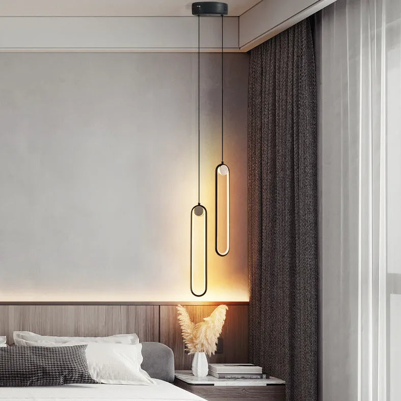 Nordic minimalist oval bedside chandelier with LED light, black finish, aluminium alloy and iron construction