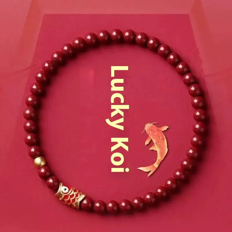 Natural cinnabar koi bracelet with golden ball model in national style, available in 4mm and 6mm sizes