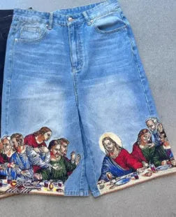 Blue cotton tapered men's shorts with a Jesus print on the back pocket.