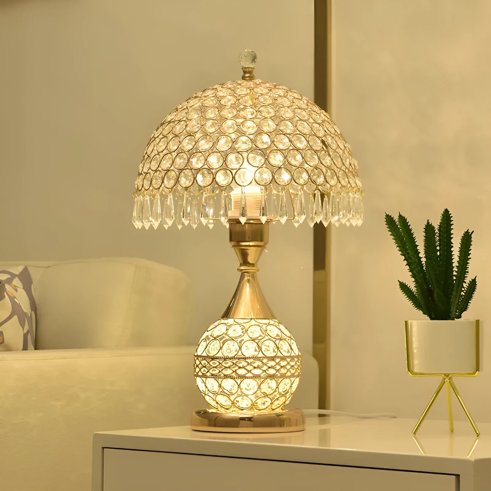 Gold crystal desk lamp with electroplated iron base and remote control for bedroom bedside lighting