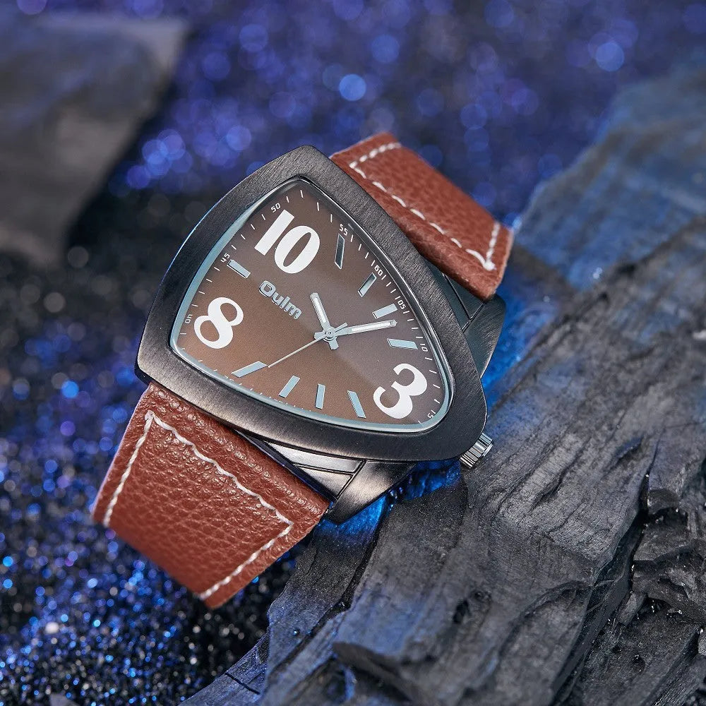 Men's brown casual watch with triangular geometric strap design and quartz movement