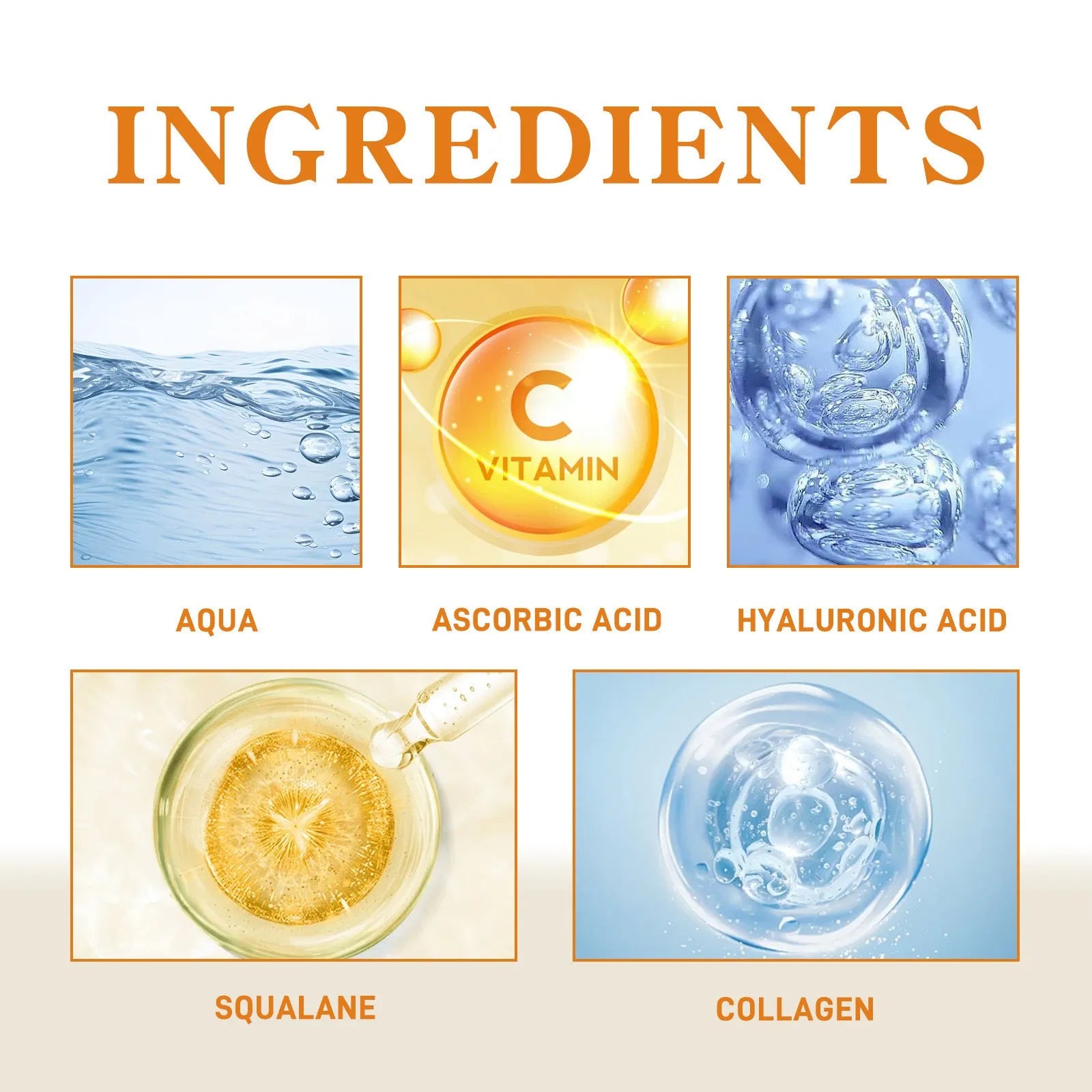 Squalane face serum in a PET bottle with vitamin C, hyaluronic acid, collagen for hydration, 3x3x10.5cm