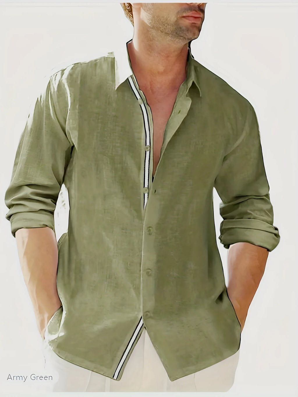 Light green linen men's casual shirt with lapel collar and long sleeves, front view