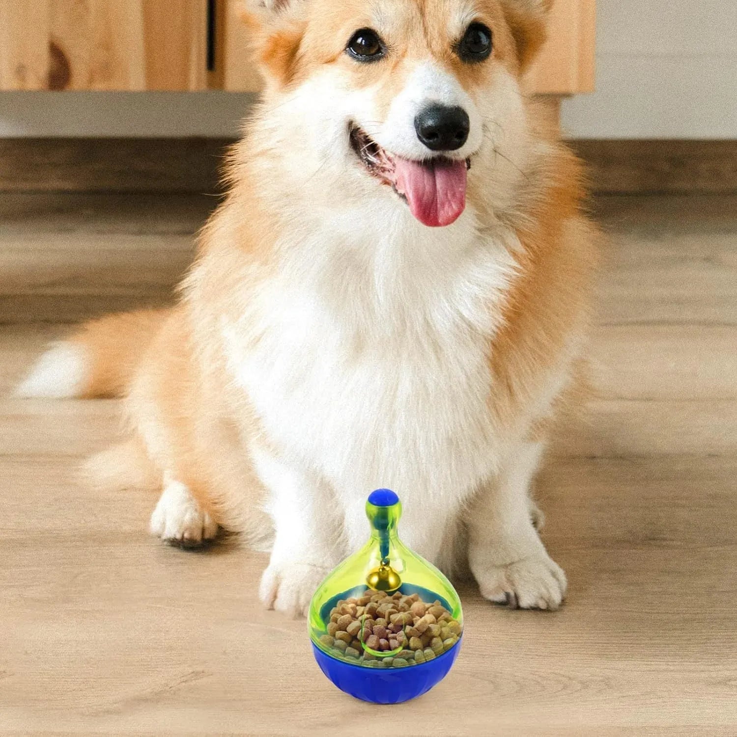 Blue and white tumbler-shaped interactive dog and cat treat dispenser puzzle toy