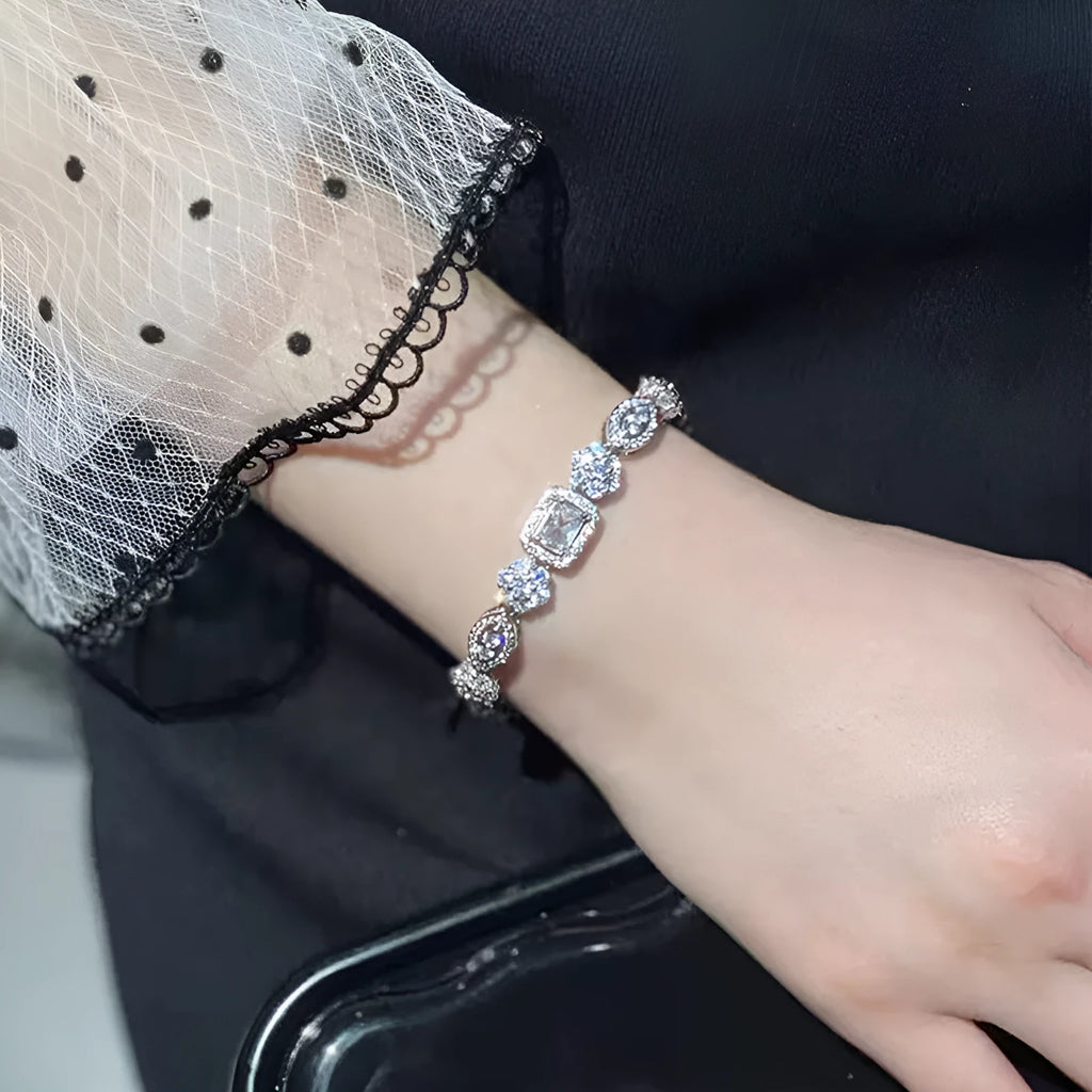 Women's geometric bracelet with zircon stones and silver plating in two size options
