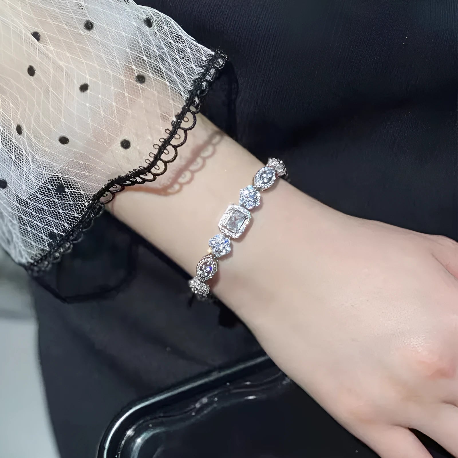 Women's geometric bracelet with zircon stones and silver plating in two size options